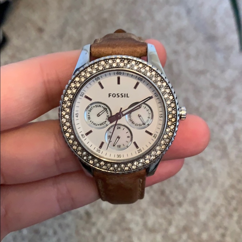 Fossil Crystal Face Brown Leather Watch